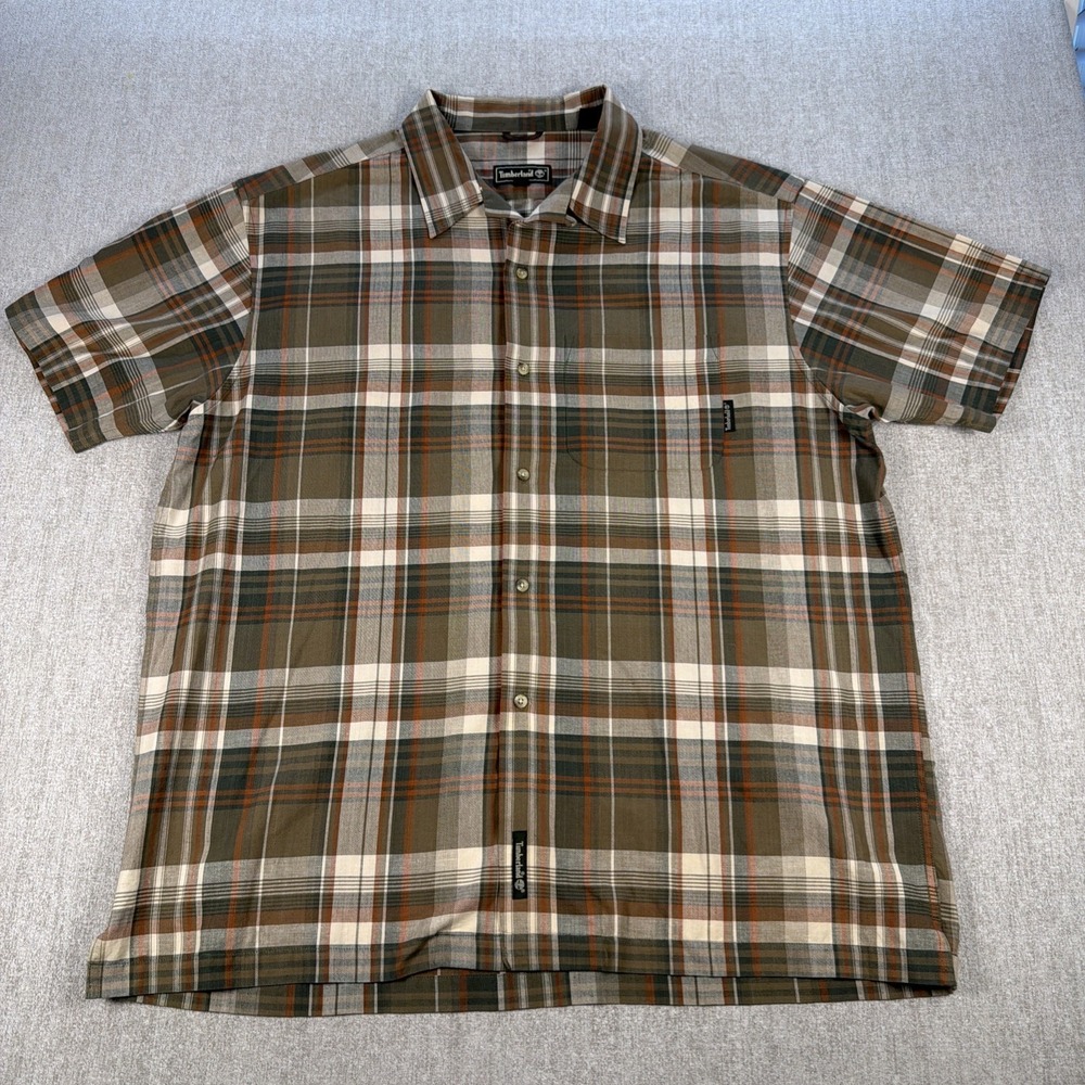 Timberland Button-Up Shirt Mens XL Olive Red Plaid Short Sleeve Casual Hiking